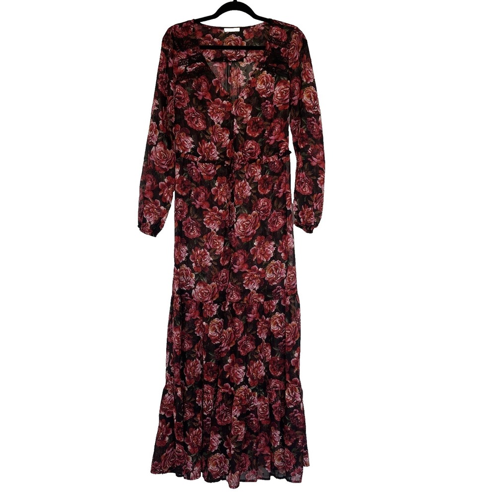 Lovestitch Floral Maxi Dress Large Red Pink Rose Lace Trim V-Neck Long‎ Sleeve